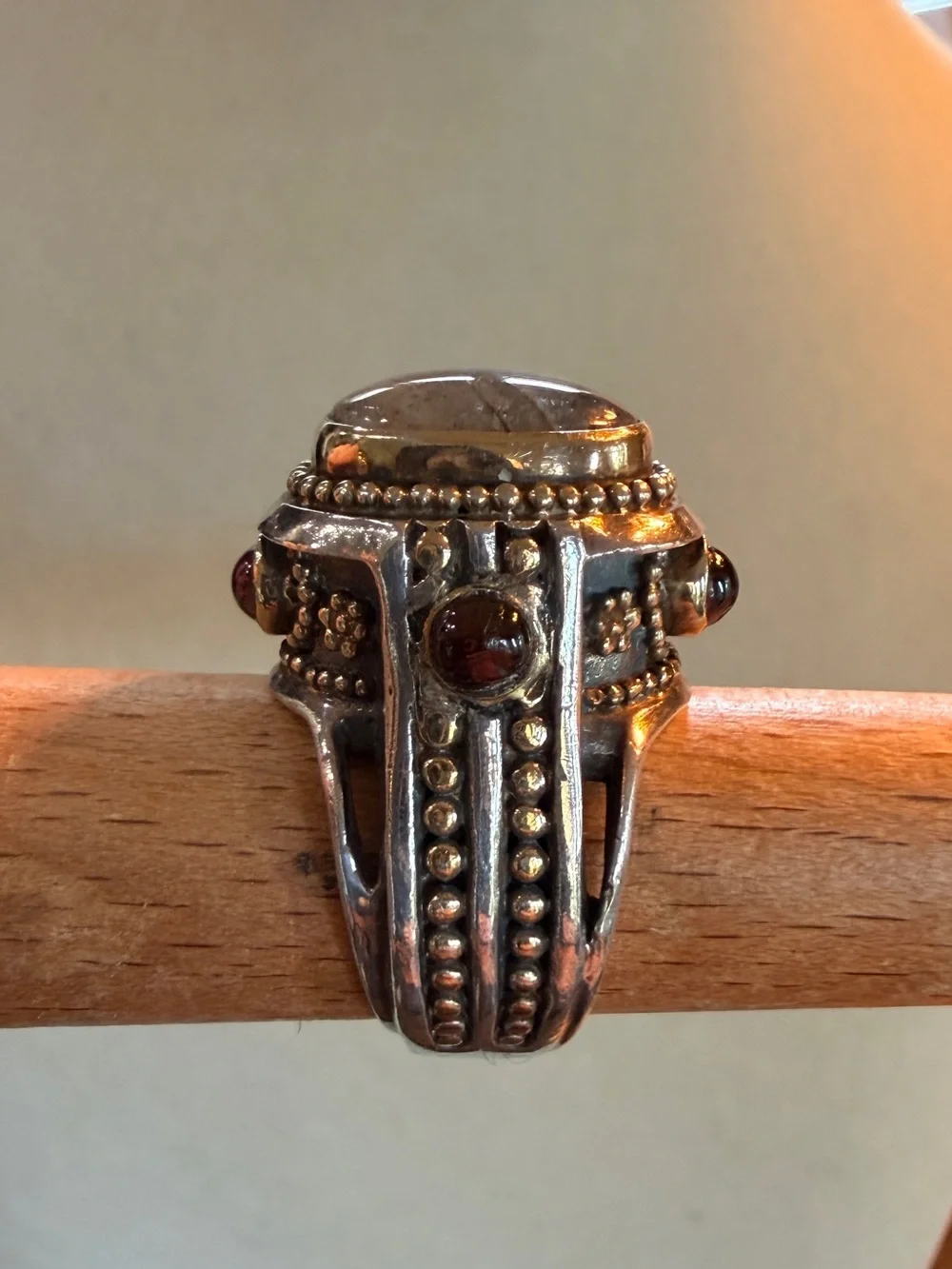 Sterling Silver and Brass Oval Labradorite and Garnet Cabochon Ring sz 6